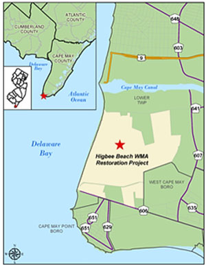 map showing Higbee Beach WMA along the Delaware Bay