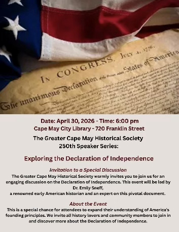 Flyer for GCMHS presentation Exploring the Declaration of Independence. The top shows part of the US flag on the preamble