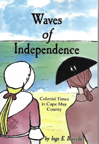 Illustration of a white man and woman in Colonial-style clothing looking toward the ocean